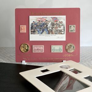 Civil War 1865 Grant & Lee Commemorative Set signed w/Stamps 24K Layered Medal